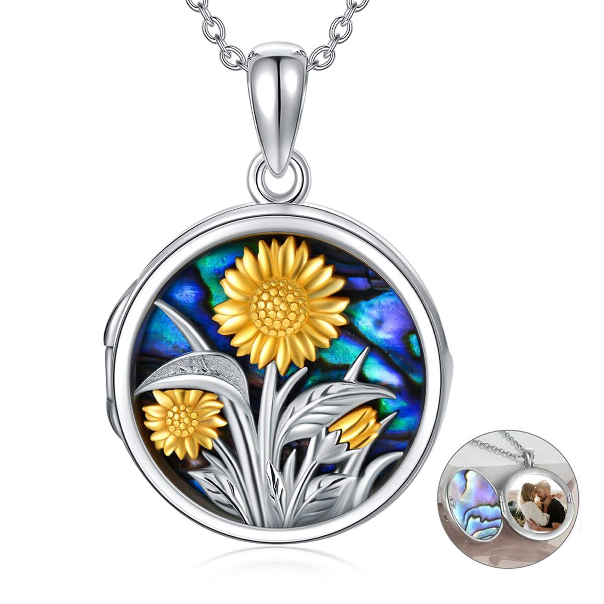 Sterling Silber Sonnenblume personalisierte Foto Medaillon Halskette-1