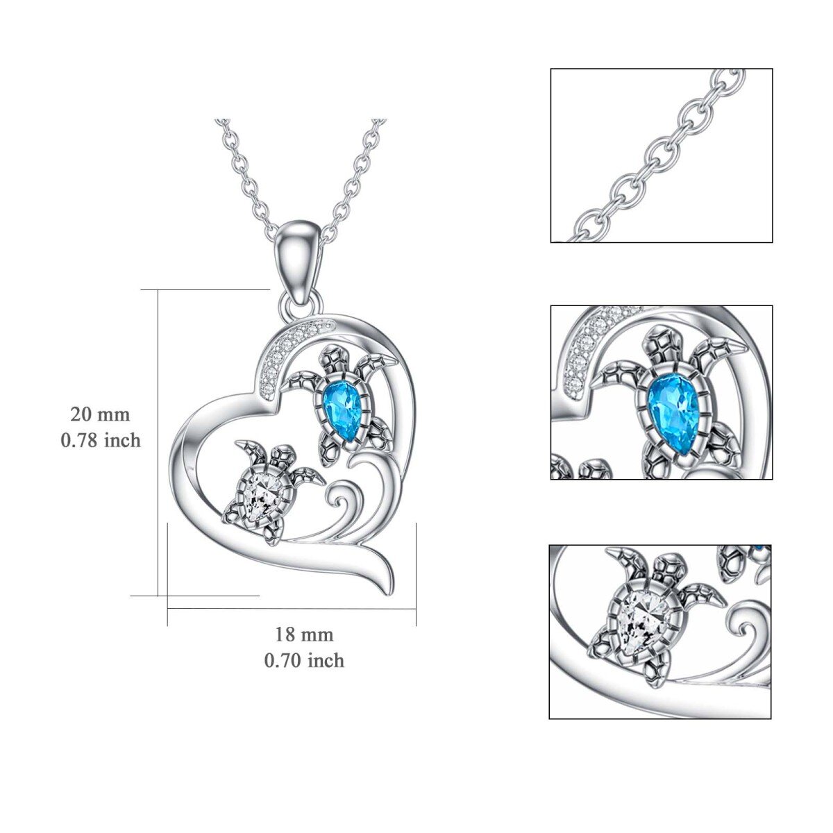 Sterling Silver Crystal & Cubic Zirconia & Topaz Sea Turtle & Heart Pendant Necklace-5