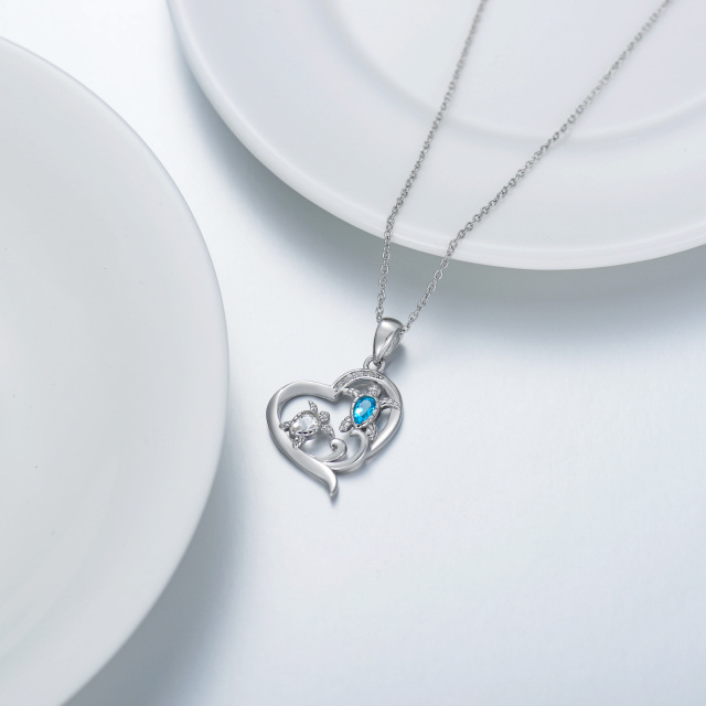 Sterling Silver Crystal & Cubic Zirconia & Topaz Sea Turtle & Heart Pendant Necklace-3