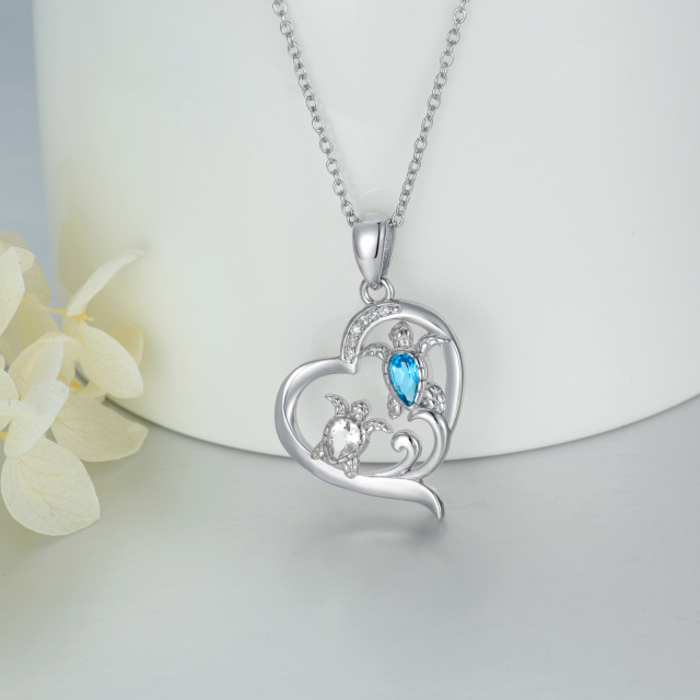 Sterling Silver Crystal & Cubic Zirconia & Topaz Sea Turtle & Heart Pendant Necklace-2