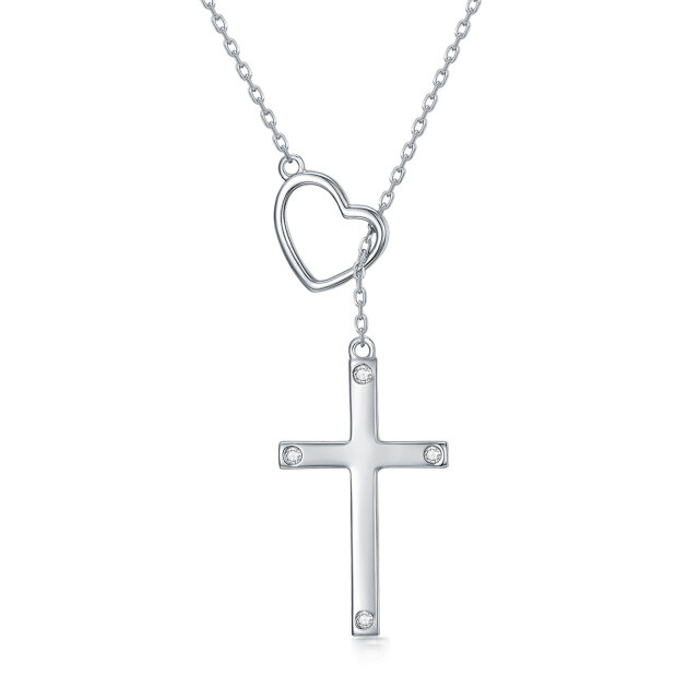Sterling Silver Round Diamond Cross & Heart Adjustable Y Necklace-1