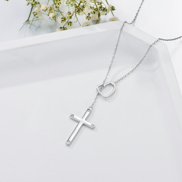 Sterling Silver Round Diamond Cross & Heart Adjustable Y Necklace-3