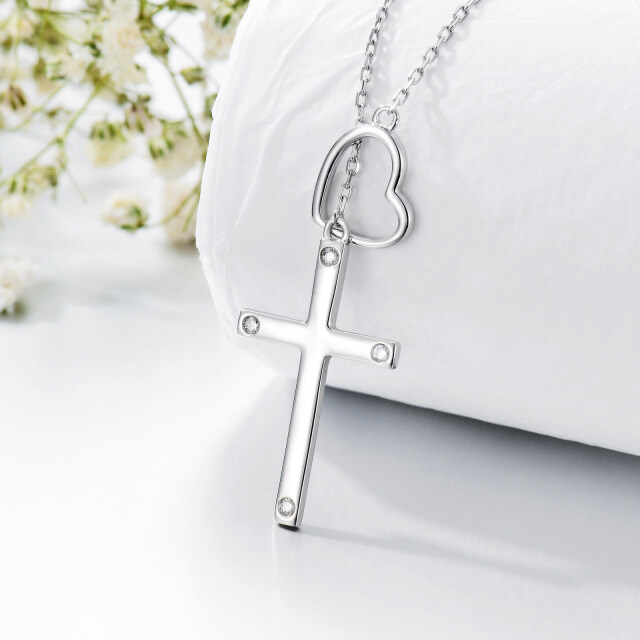 Sterling Silver Round Diamond Cross & Heart Adjustable Y Necklace-2