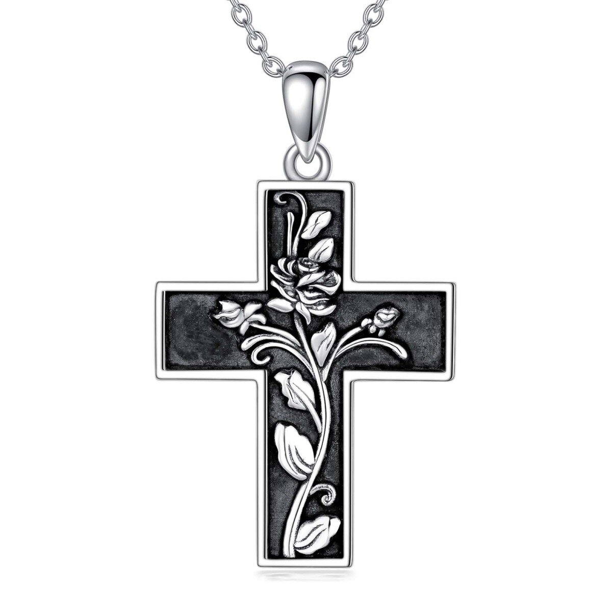 Sterling Silver Two-tone Rose & Cross Pendant Necklace-1