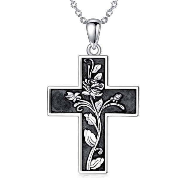 Sterling Silver Two-tone Rose & Cross Pendant Necklace-0