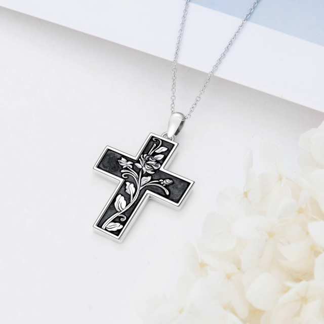 Sterling Silver Two-tone Rose & Cross Pendant Necklace-2