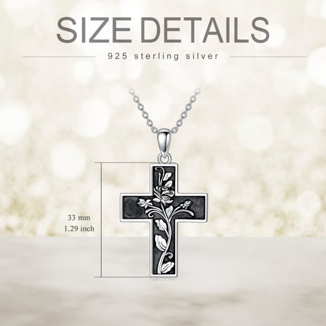 Sterling Silver Two-tone Rose & Cross Pendant Necklace-4