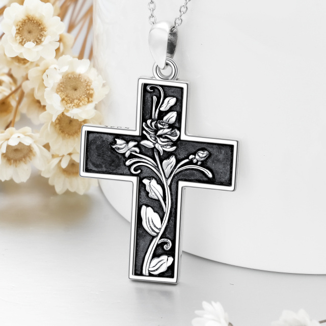 Sterling Silver Two-tone Rose & Cross Pendant Necklace-3