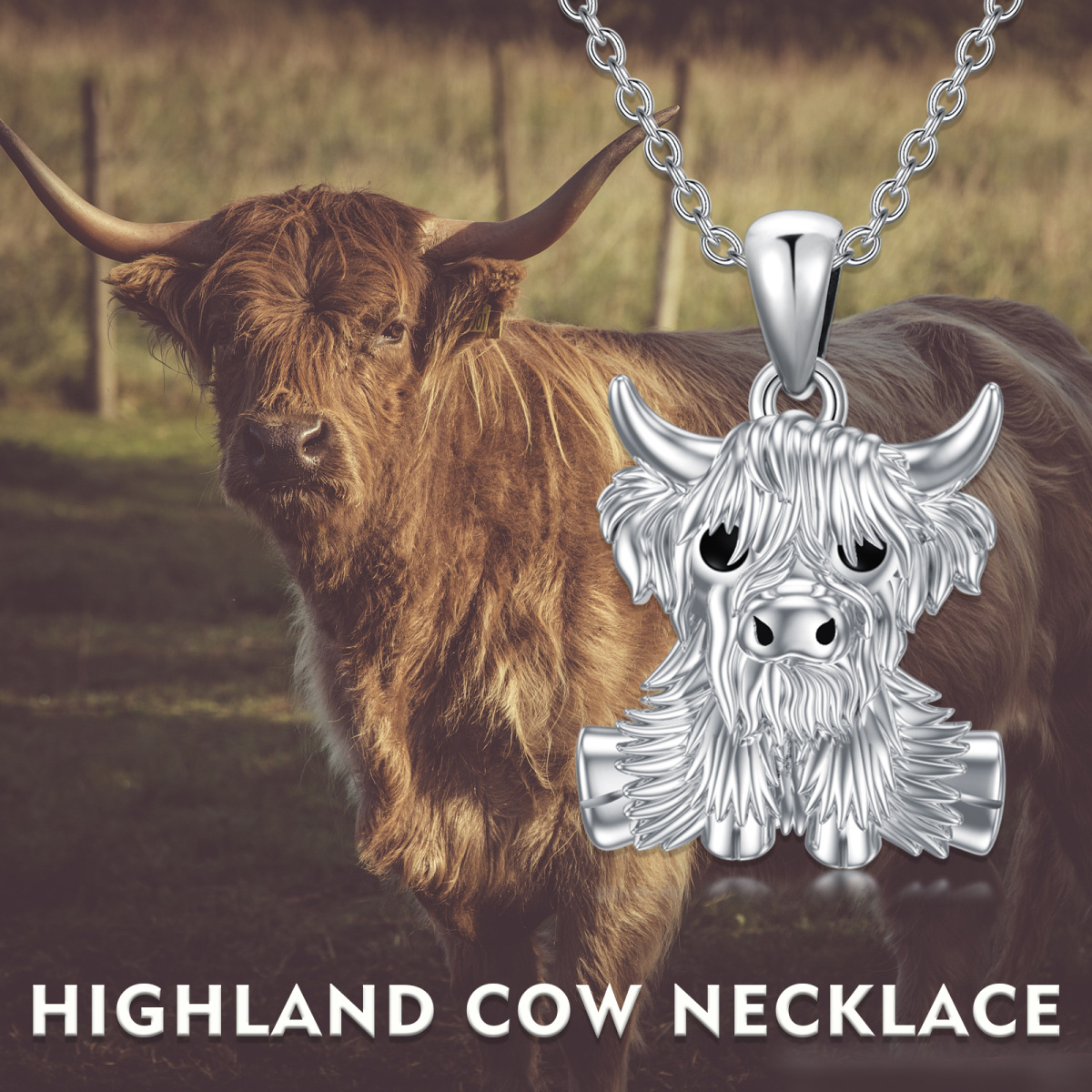 Collar Colgante Vaca Highland Plata de Ley-4