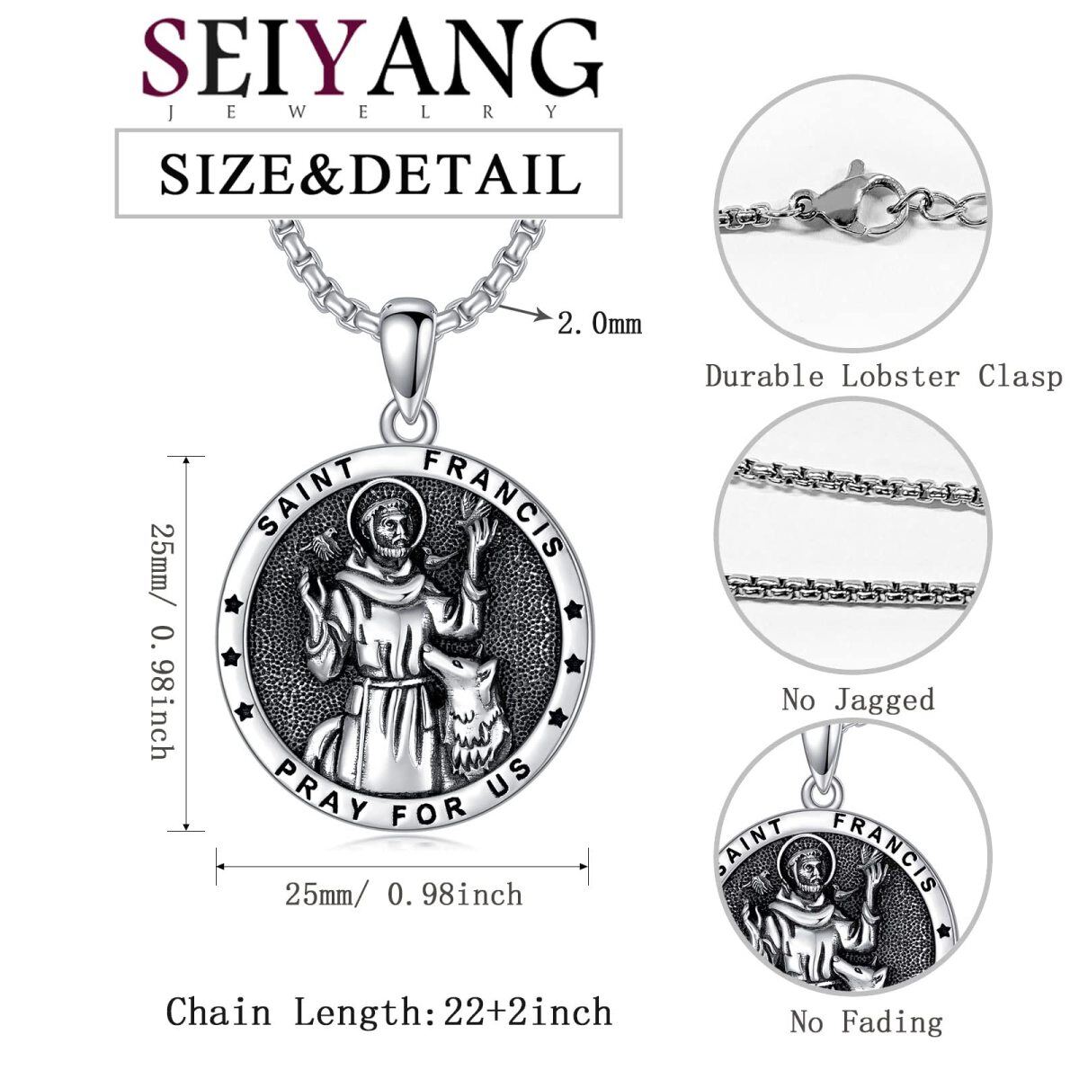 Collier en argent sterling et rhodium noir avec pendentif Saint François avec mot gravé po-6