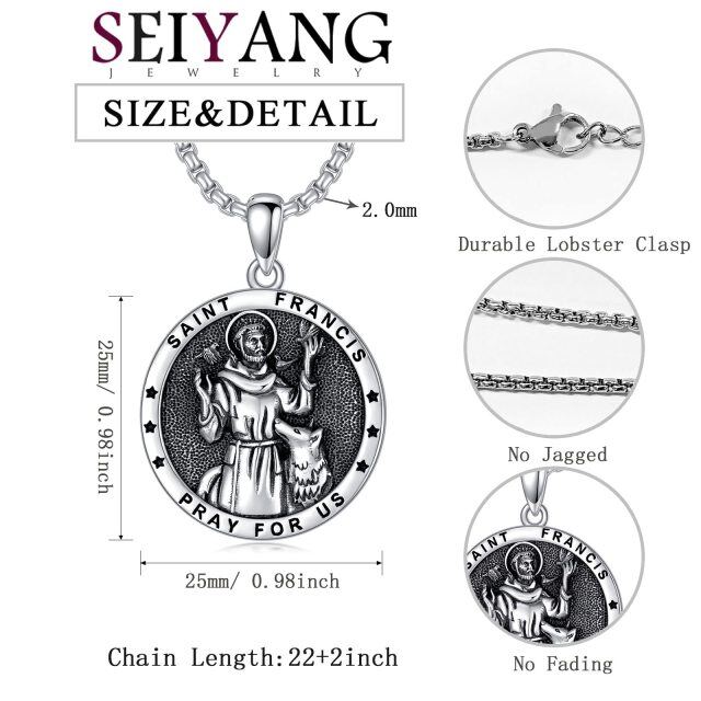 Sterling Silver with Black Rhodium Saint Francis Pendant Necklace with Engraved Word for Men-5