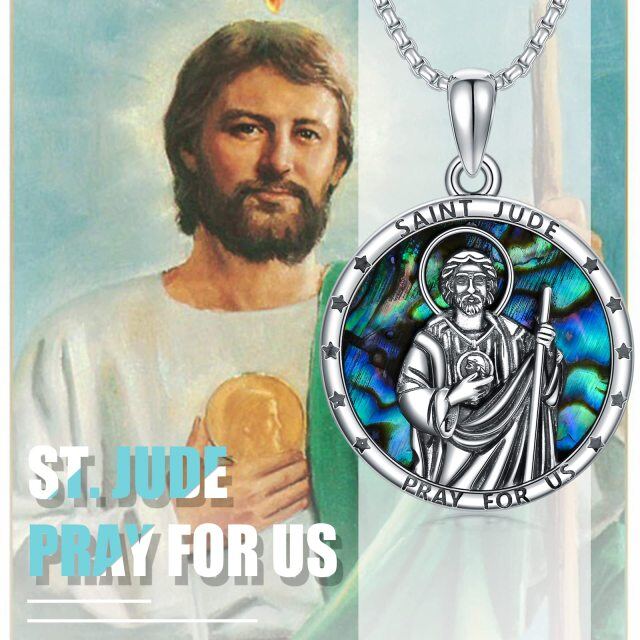 Sterling Silver Circular Shaped Abalone Shellfish Saint Jude Pendant Necklace with Engraved Word-3