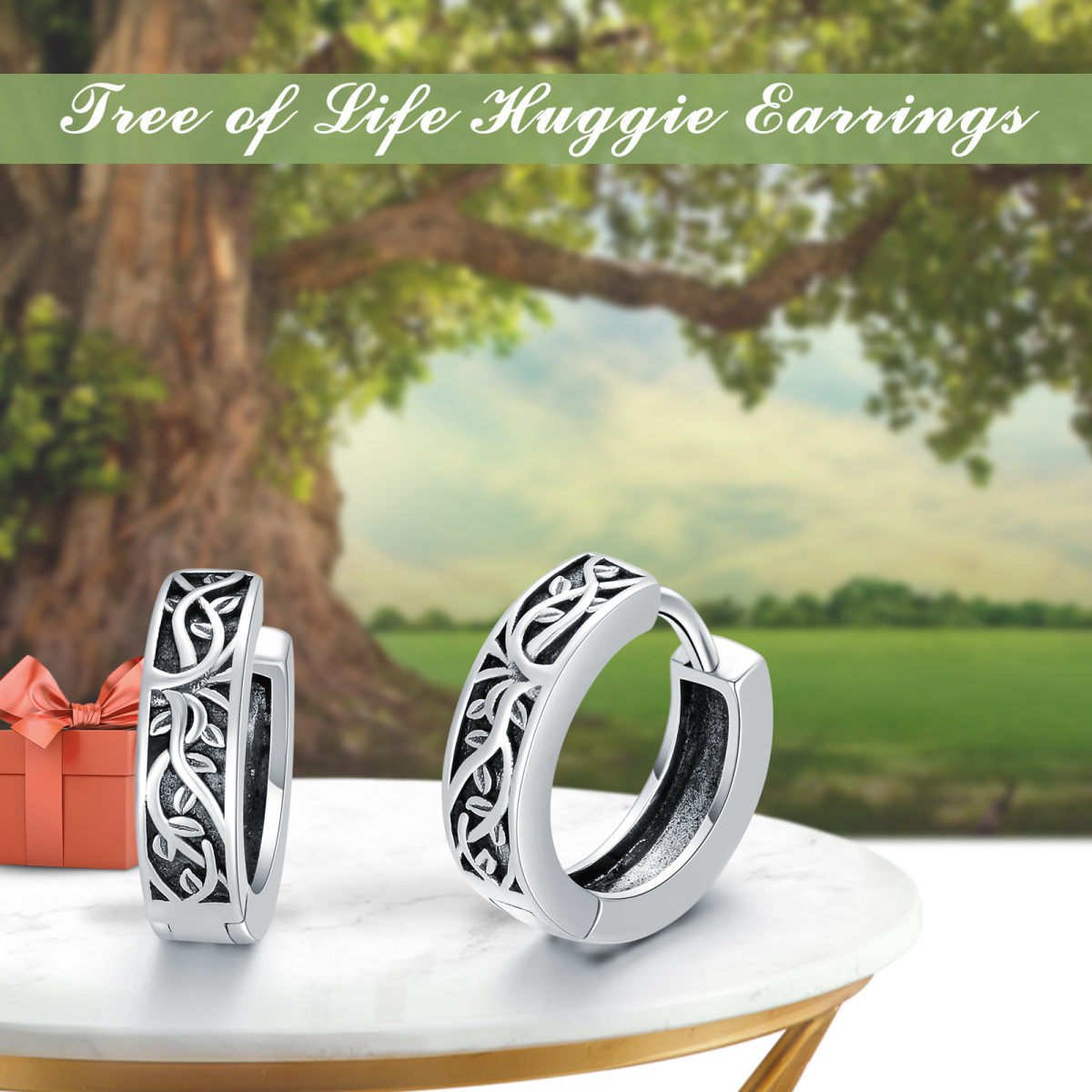 Sterling Silver Tree Of Life Hoop Earrings-6