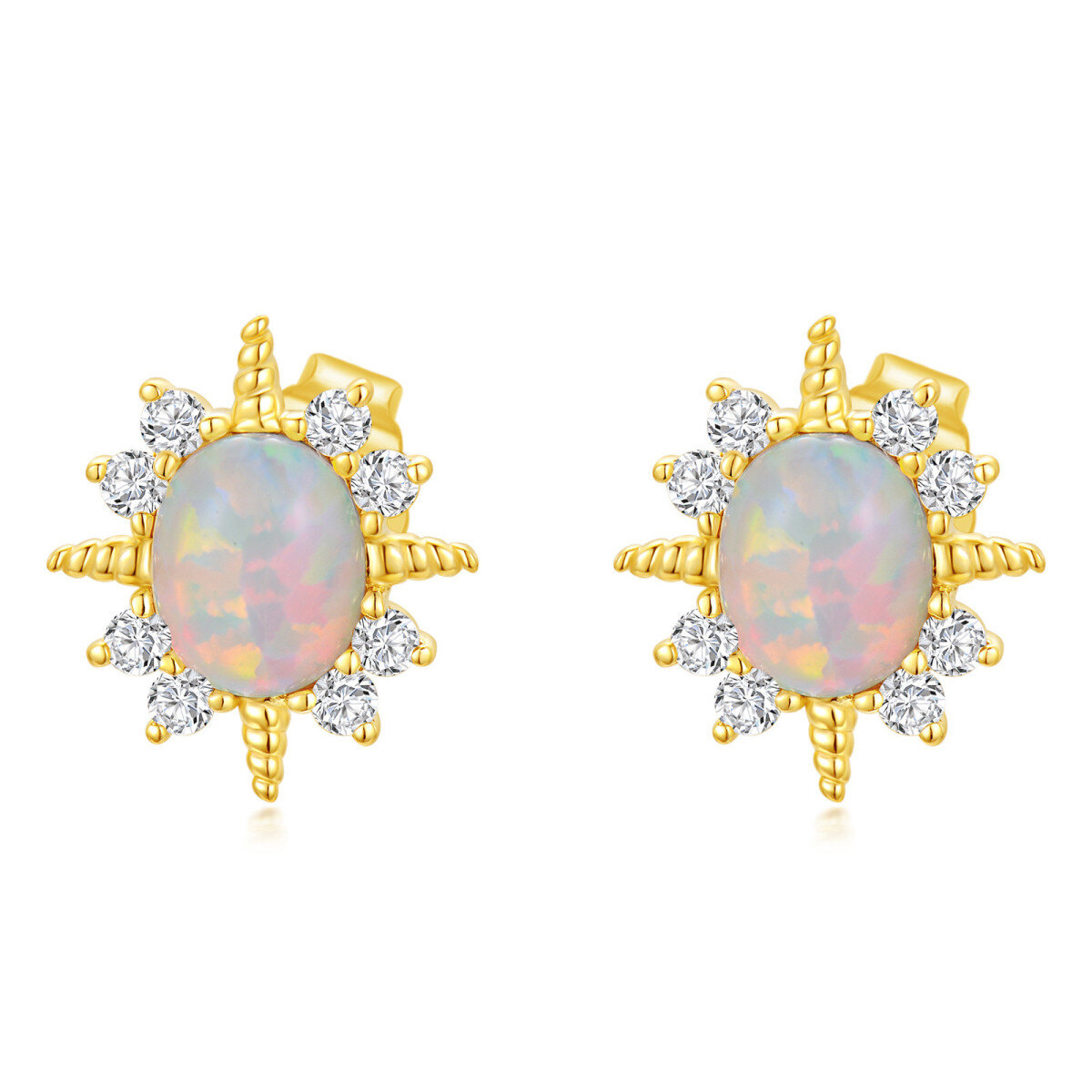 14K Gold Circular Shaped Opal Stud Earrings-1