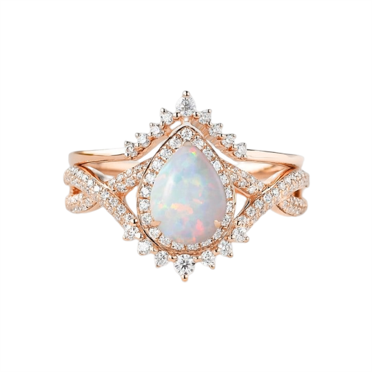 Sterling Silver with Rose Gold Plated Opal Drop Shape Engagement Ring