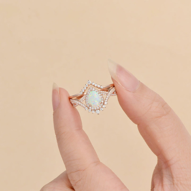 Sterling Silver with Rose Gold Plated Opal Drop Shape Engagement Ring-2