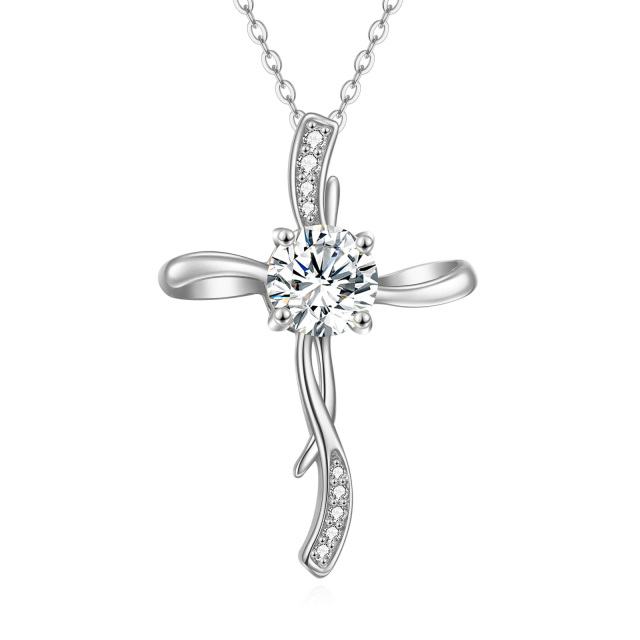 14K White Gold 1 CT Circular Moissanite Cross Pendant Necklace-1