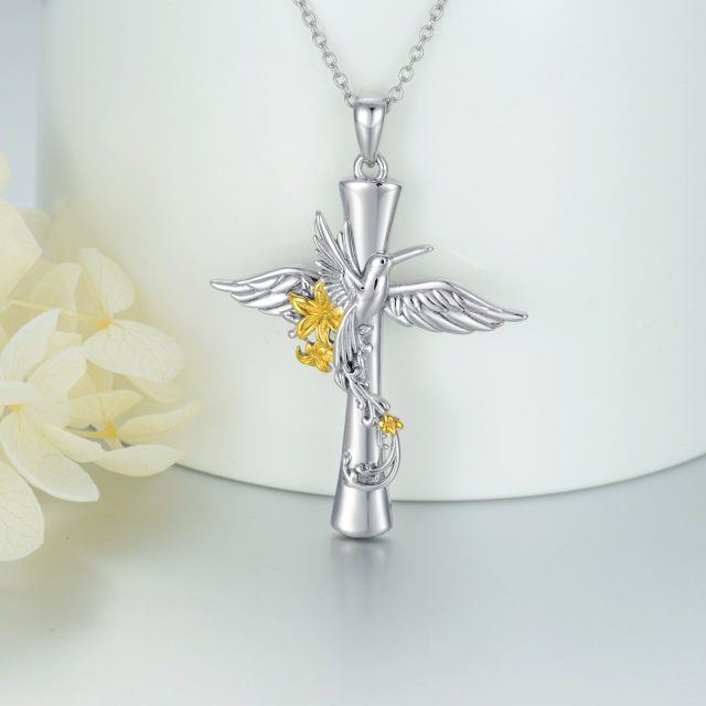 Sterling Silver Two-tone Hummingbird & Cross Pendant Necklace-3