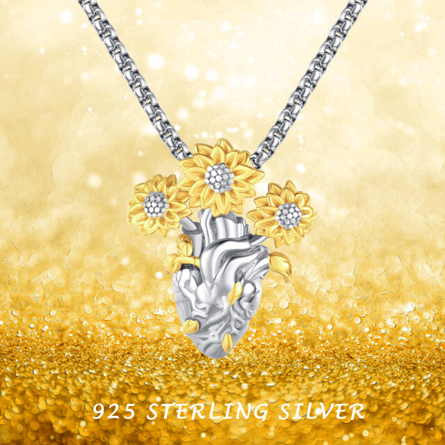 Sterling Silver Two-tone Sunflower Pendant Necklace-5