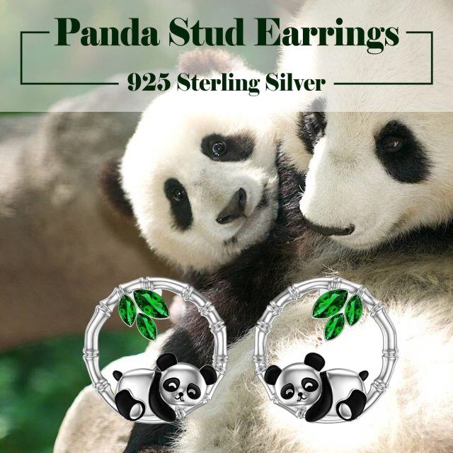 Sterling Silver Cubic Zirconia Panda & Bamboo Stud Earrings-3