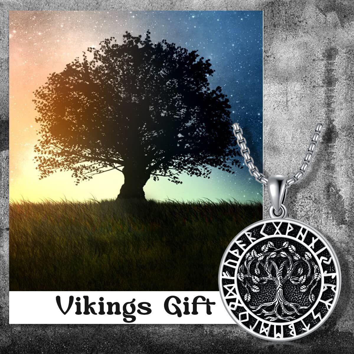 Collar de plata de ley con árbol de la vida y runa vikinga para hombre-7