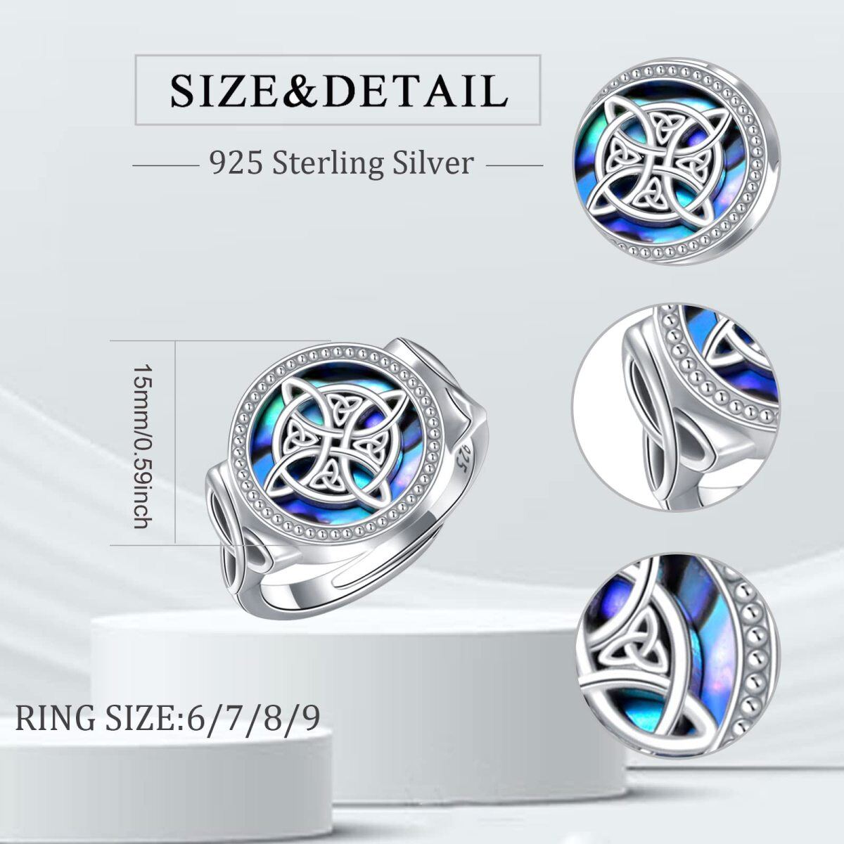 Sterling Silber kreisförmig Abalone Muscheln keltischen Knoten & Hexen Knoten Ring-5