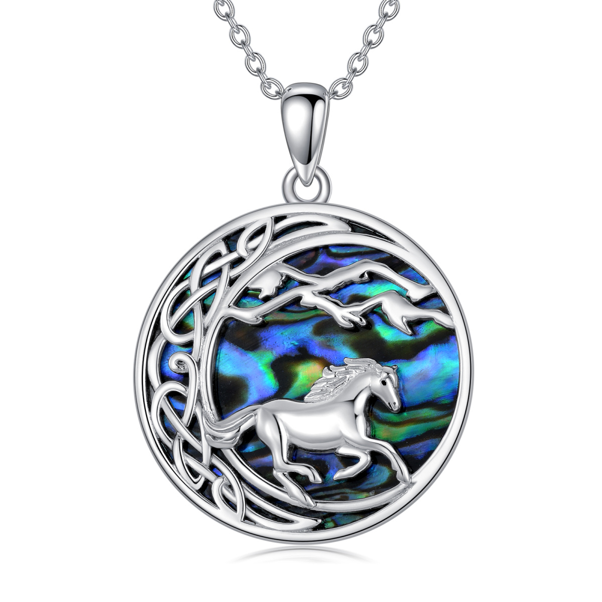 Sterling Silver Abalone Shellfish Horse & Celtic Knot Pendant Necklace-1