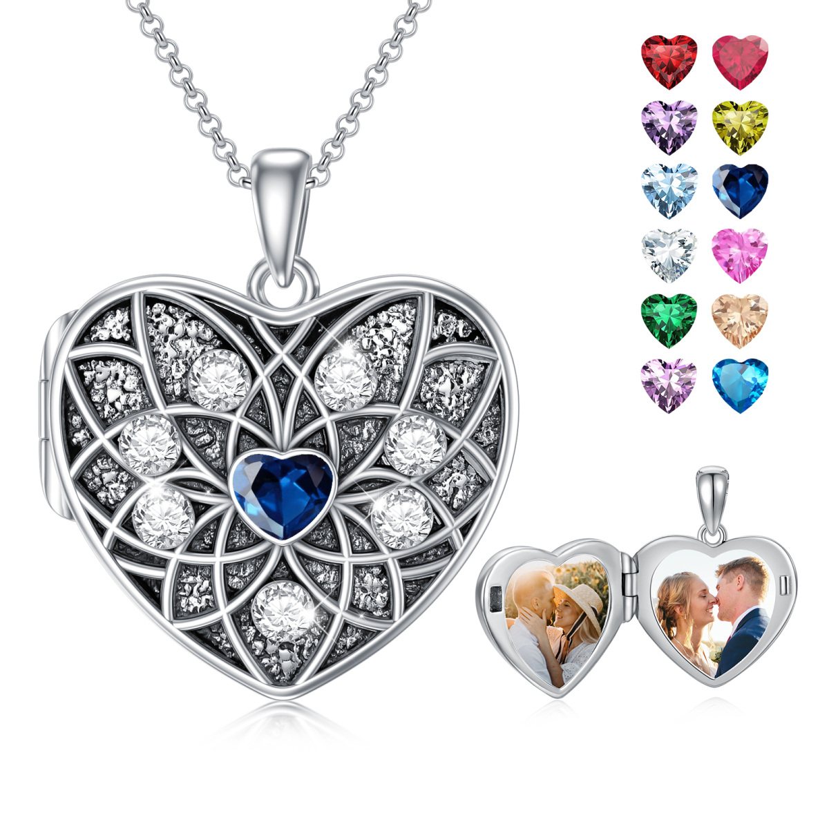 Sterling Silver Cubic Zirconia Lotus Personalized Photo Locket Necklace-1