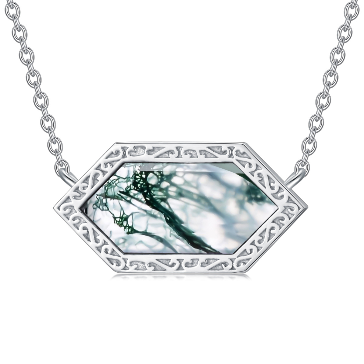 Sterling Silver Moss Agate Pendant Necklace-1
