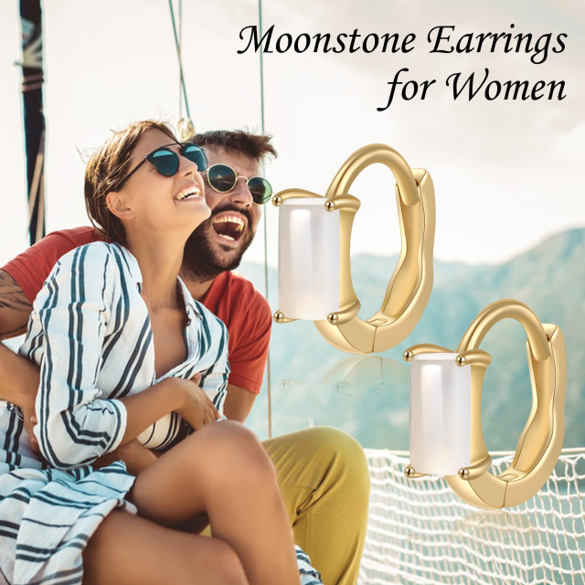 14K Gold Square Moonstone Hoop Earrings-6