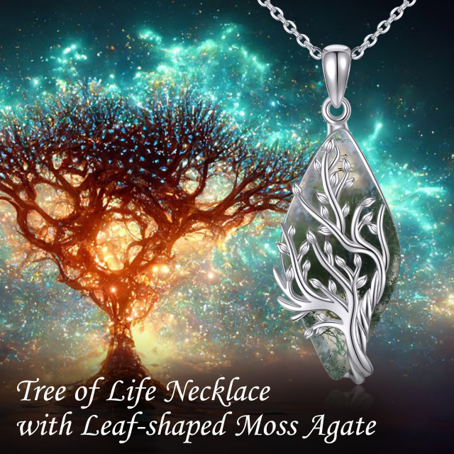 Sterling Silver Diamond Shaped Moss Agate Tree Of Life Pendant Necklace-5