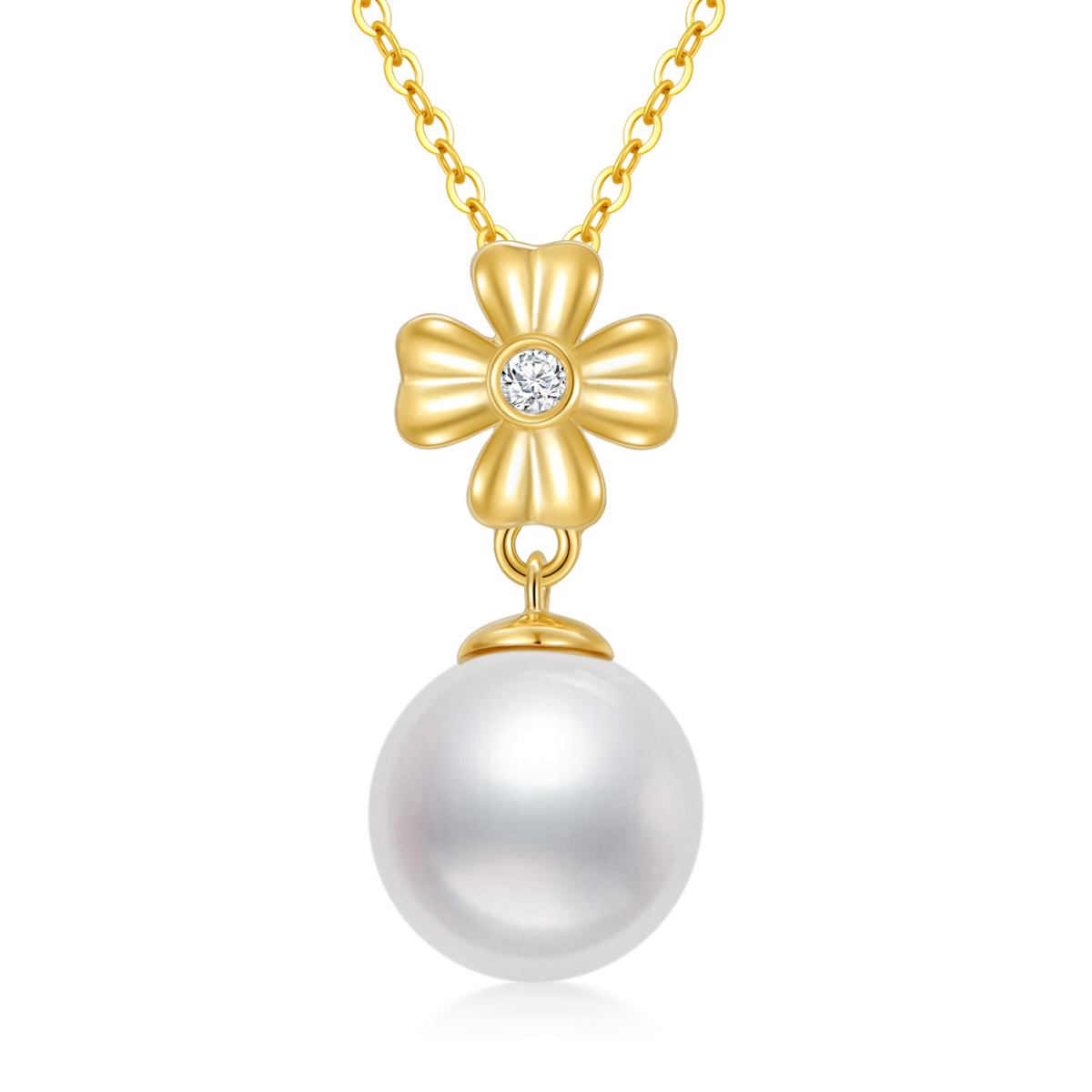 14K Gold Round Pearl Cross Pendant Necklace-1