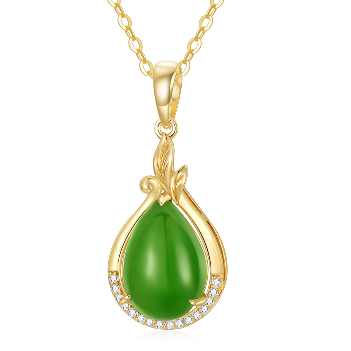 14K Gold Green Jade Drop Shape Pendant Necklace-1