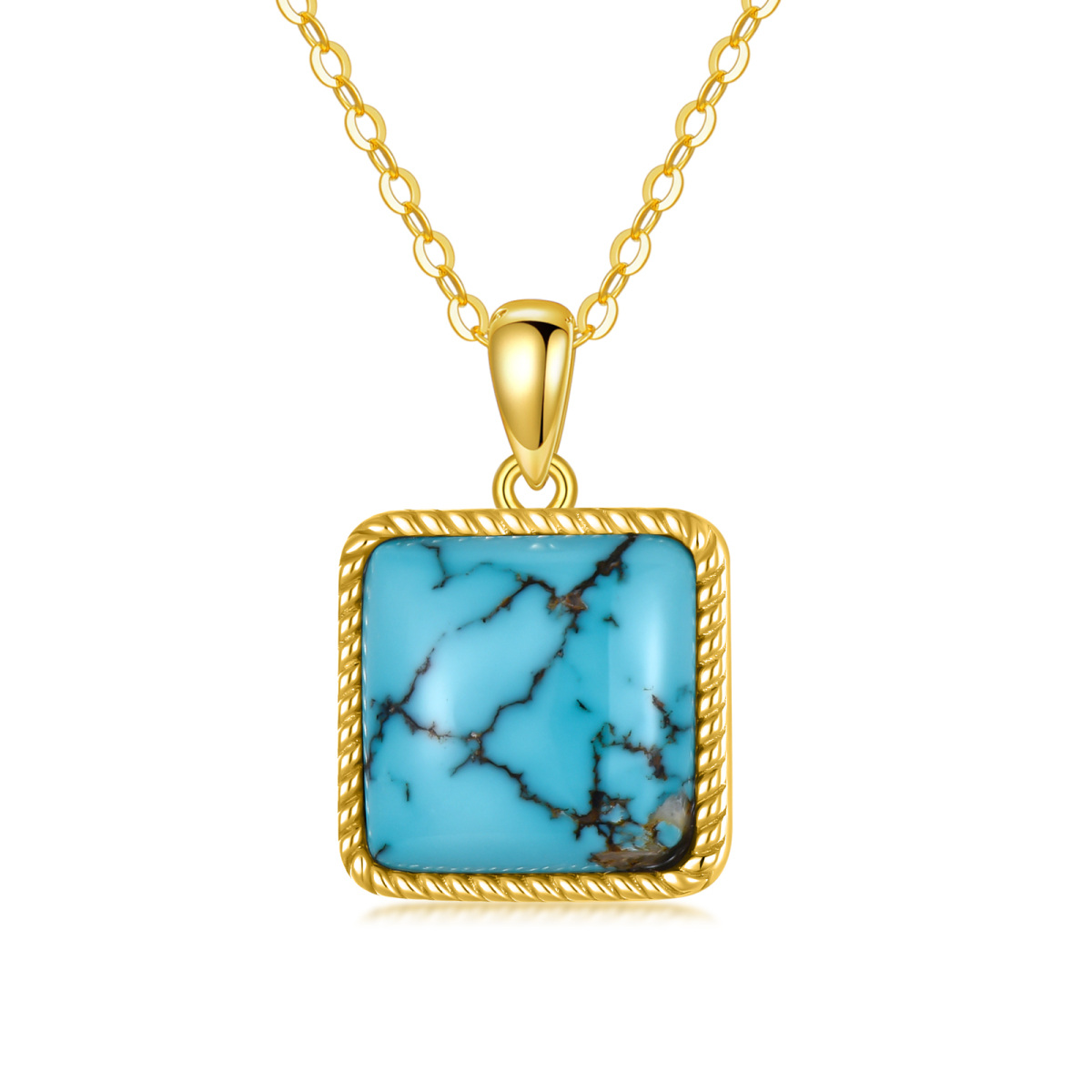 14K Gold Princess-square Shaped Turquoise Pendant Necklace-1