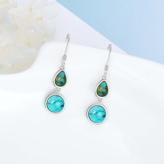 Sterling Silver Circular Shaped & Pear Shaped Turquoise Drop Earrings-2