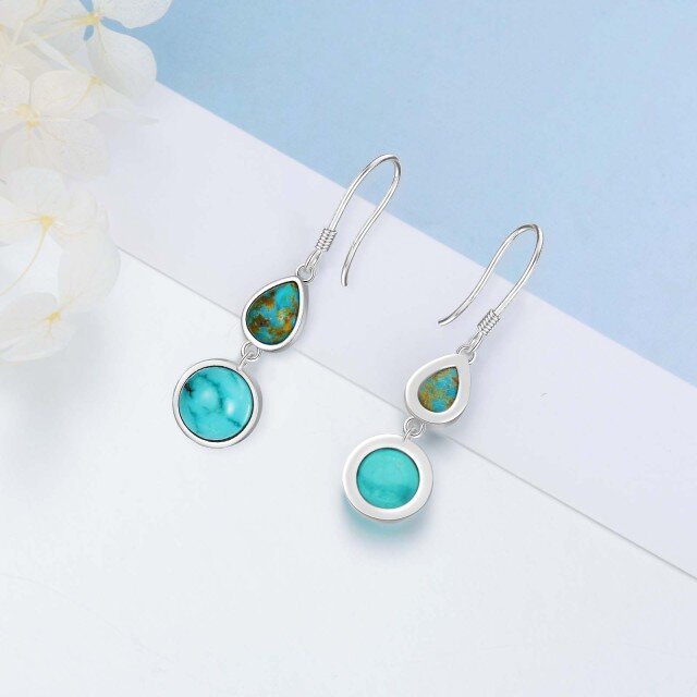 Sterling Silver Circular Shaped & Pear Shaped Turquoise Drop Earrings-3