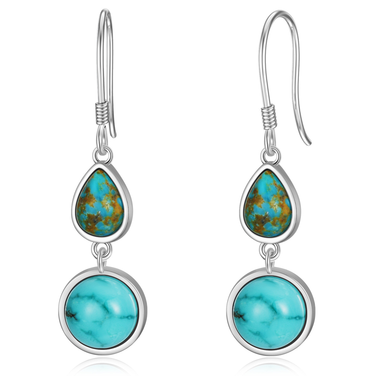 Sterling Silver Circular Shaped & Pear Shaped Turquoise Drop Earrings-1