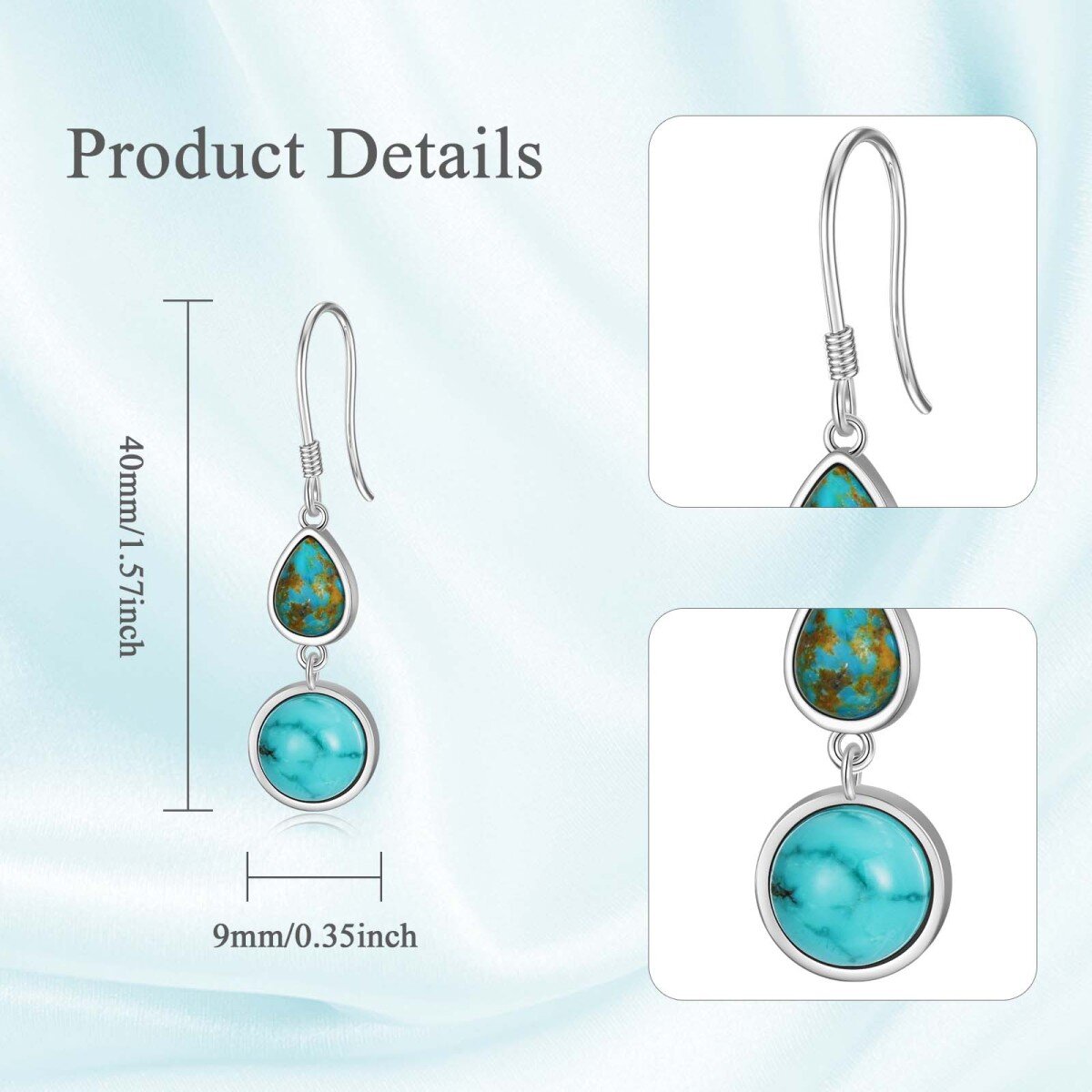 Pendants d'oreilles en argent sterling avec turquoise de forme circulaire et poire-5