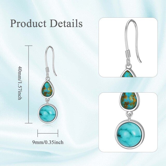 Sterling Silver Circular Shaped & Pear Shaped Turquoise Drop Earrings-4