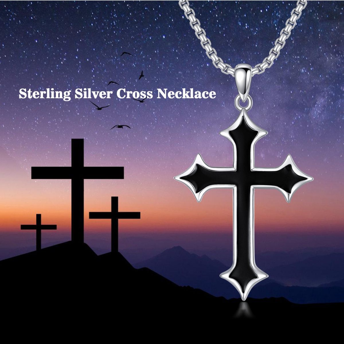 Sterling Silver with Black Plated Cross Pendant Necklace for Men-6