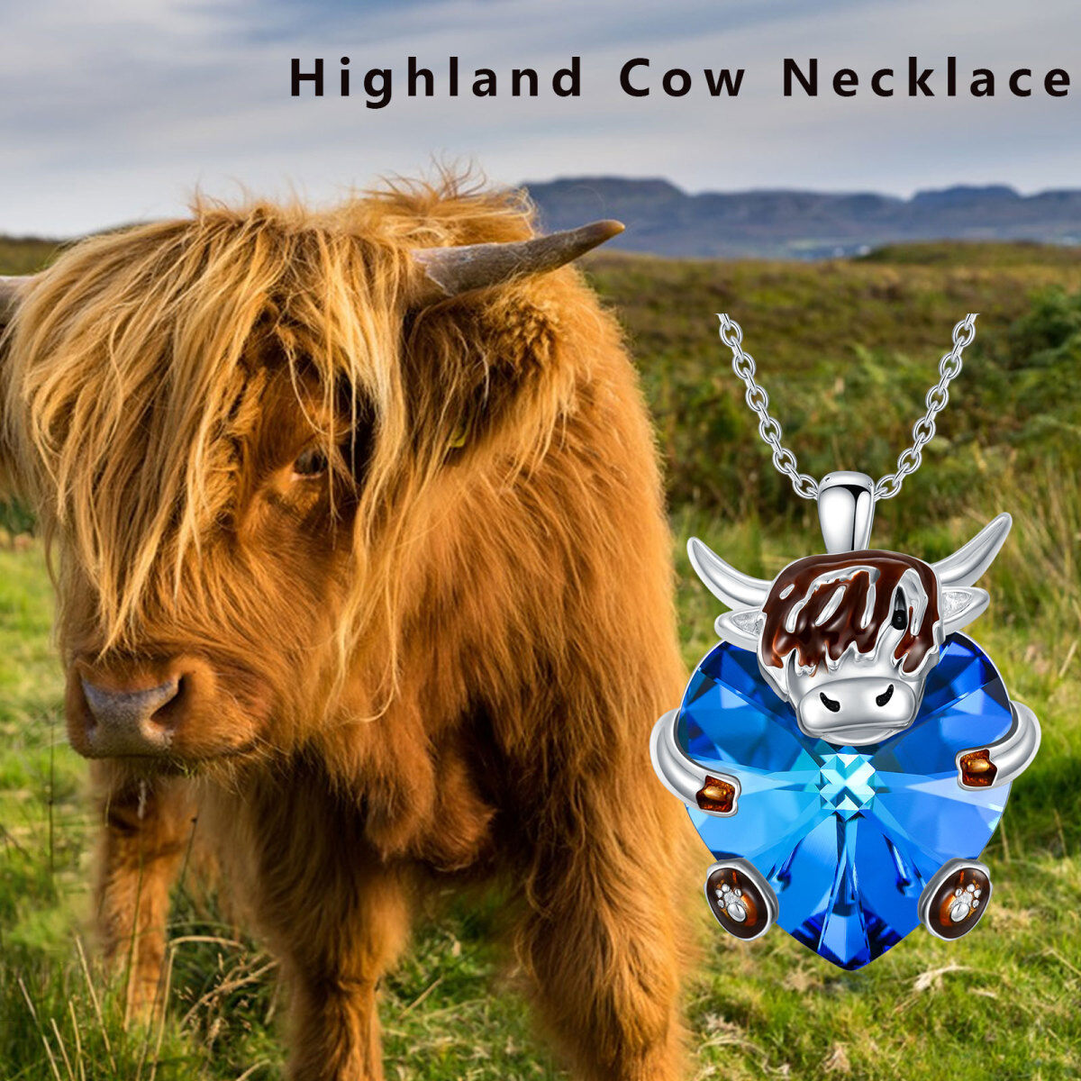 Plata de Ley Corazón Highland Vaca Cristal Colgante Collar-7