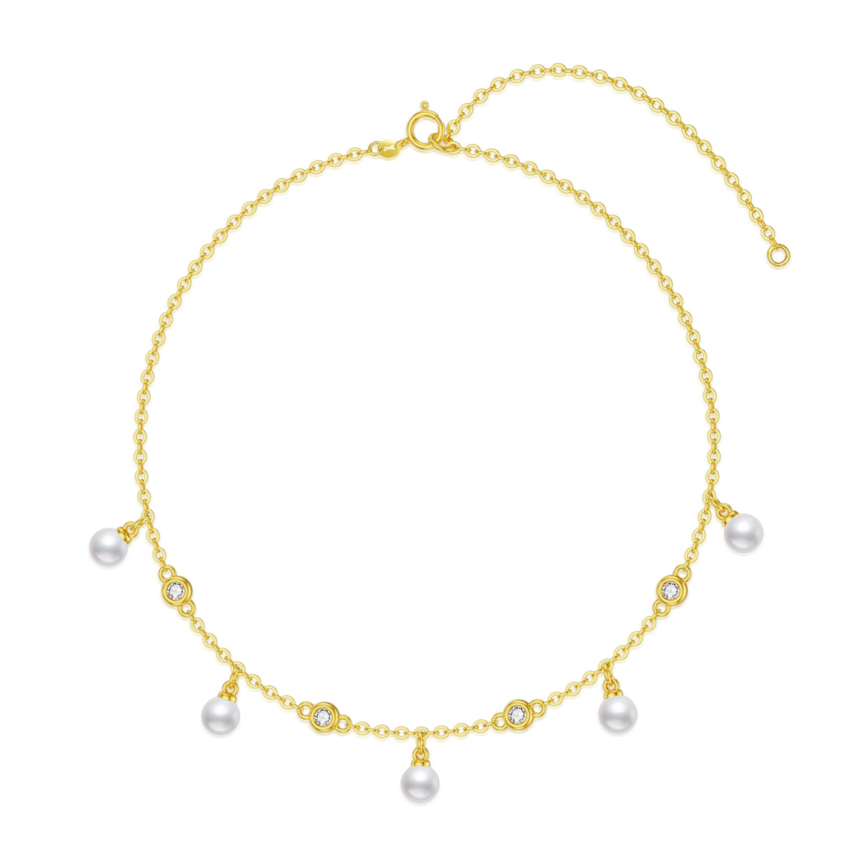 14K Gold Round Cubic Zirconia & Pearl Metal Choker Necklace-1