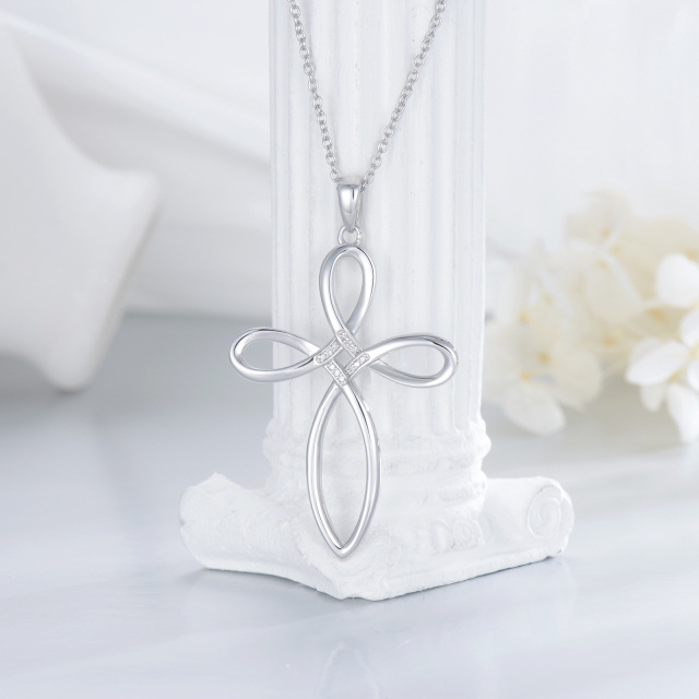 Sterling Silver Round Lab Created Diamond Celtic Knot & Cross Pendant Necklace-3