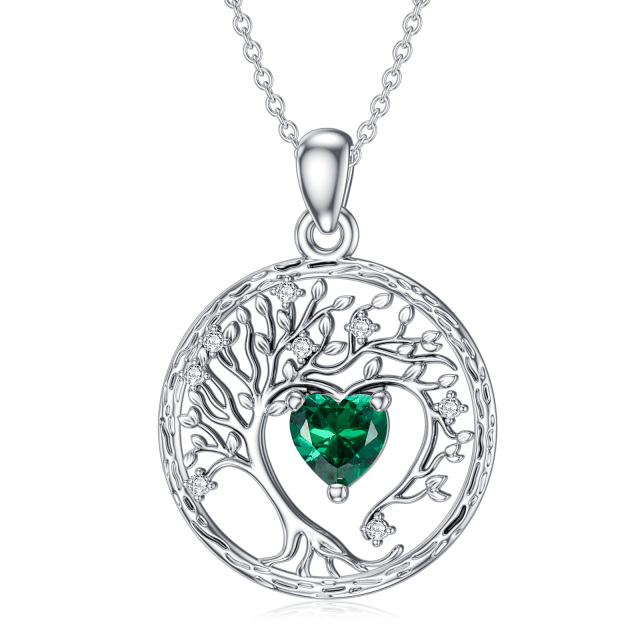 Sterling Silver Heart Cubic Zirconia Tree Of Life Pendant Necklace-0