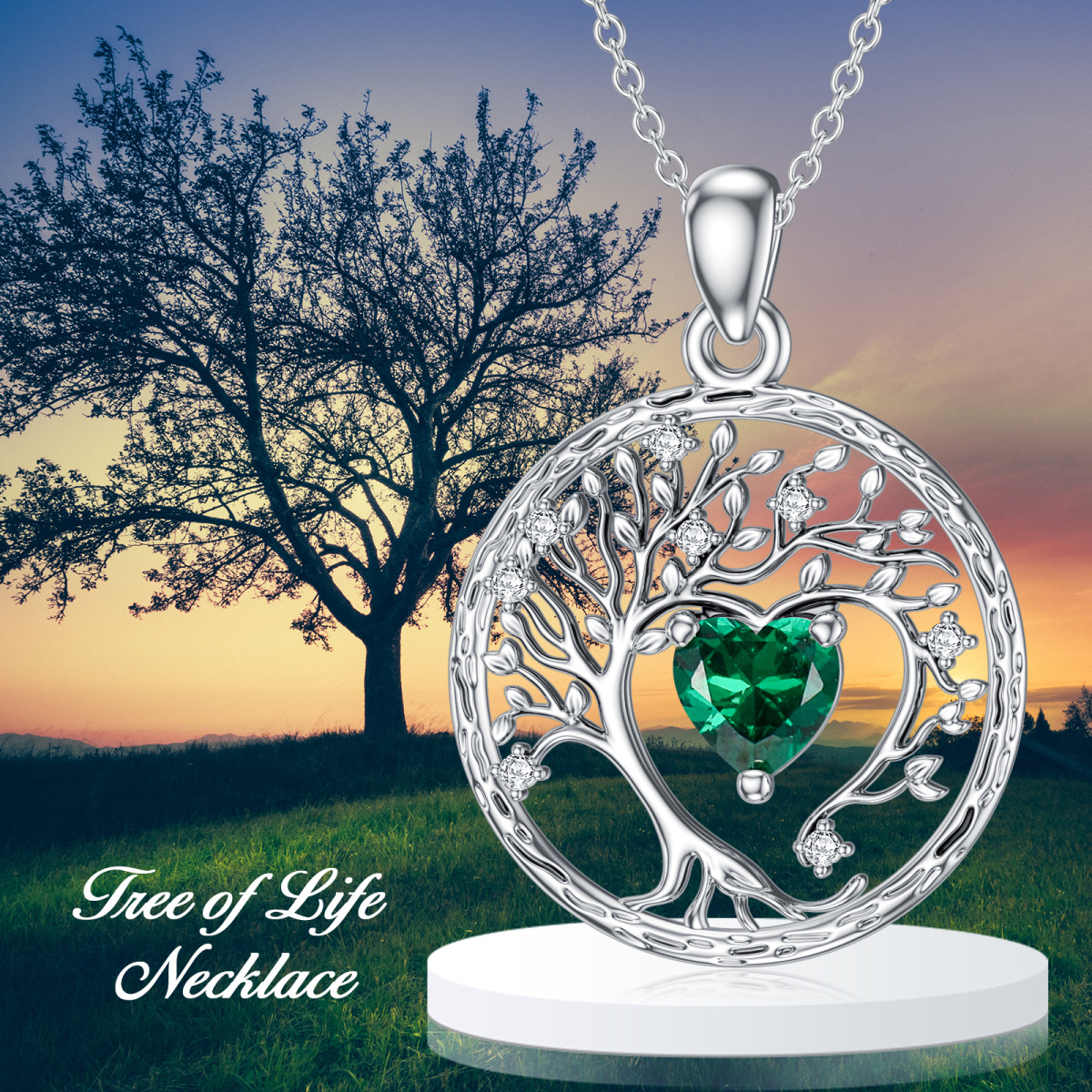 Sterling Silver Heart Cubic Zirconia Tree Of Life Pendant Necklace-6