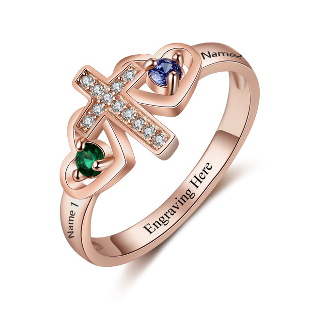 10K White Gold Cross Heart Cubic Zirconia Personalized Engraving & Birthstone Ring-2