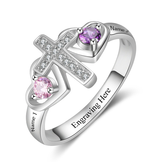 10K White Gold Cubic Zirconia Personalized Engraving & Cross & Heart Birthstone Ring