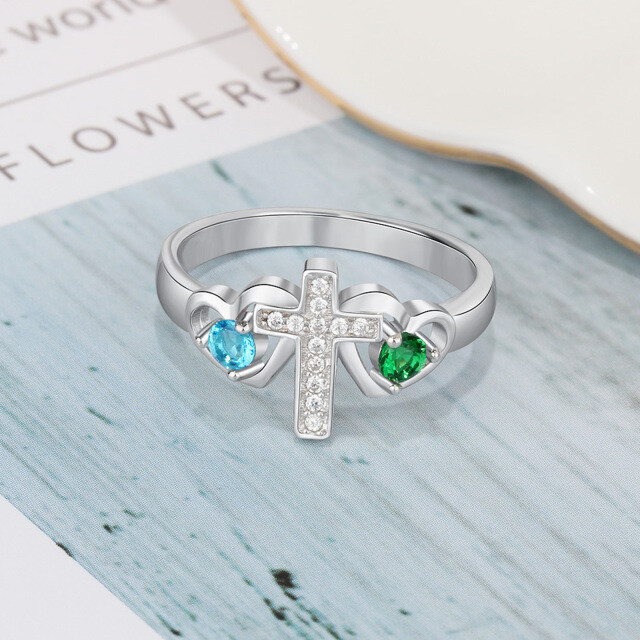 10K White Gold Cross Heart Cubic Zirconia Personalized Engraving & Birthstone Ring-5