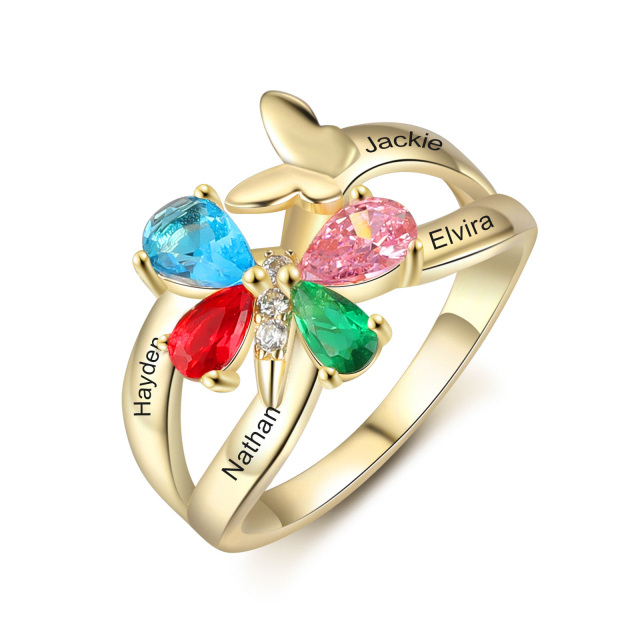 10K Gold Butterfly Cubic Zirconia Personalized Engraving & Birthstone Ring-0