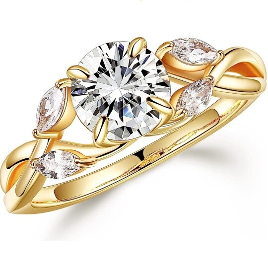 Prata esterlina com Moissanite Weddi em formato circular banhado a ouro amarelo